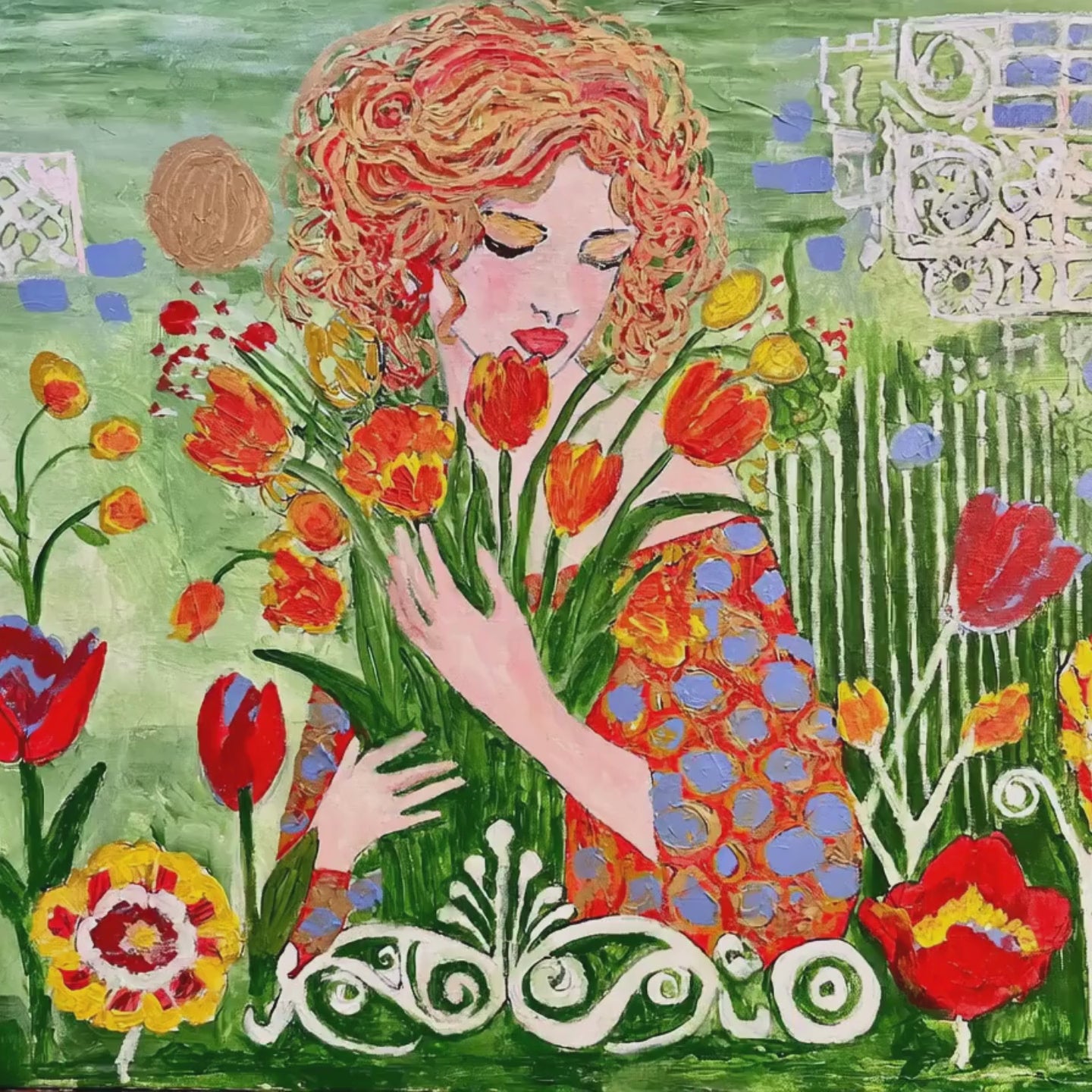 The Queen of Spring: Lady Fioralis 24x24 x 1.5-inch Acrylic textured and varnished painting.