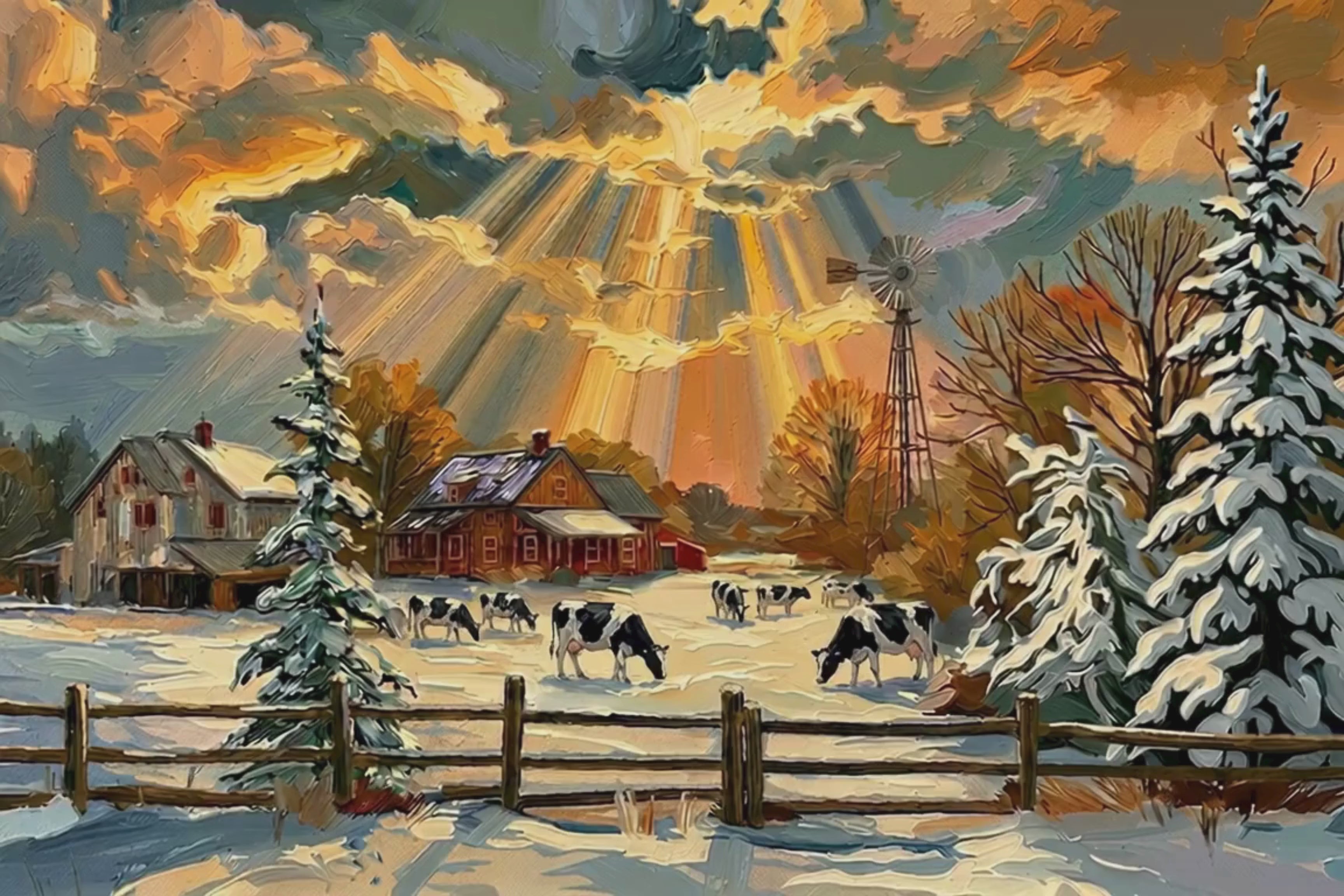 Winter Farm | Farmhouse Print| Snow Covered Ranch | Winter Art | Giclée Paper • Wood • Metal • Canvas