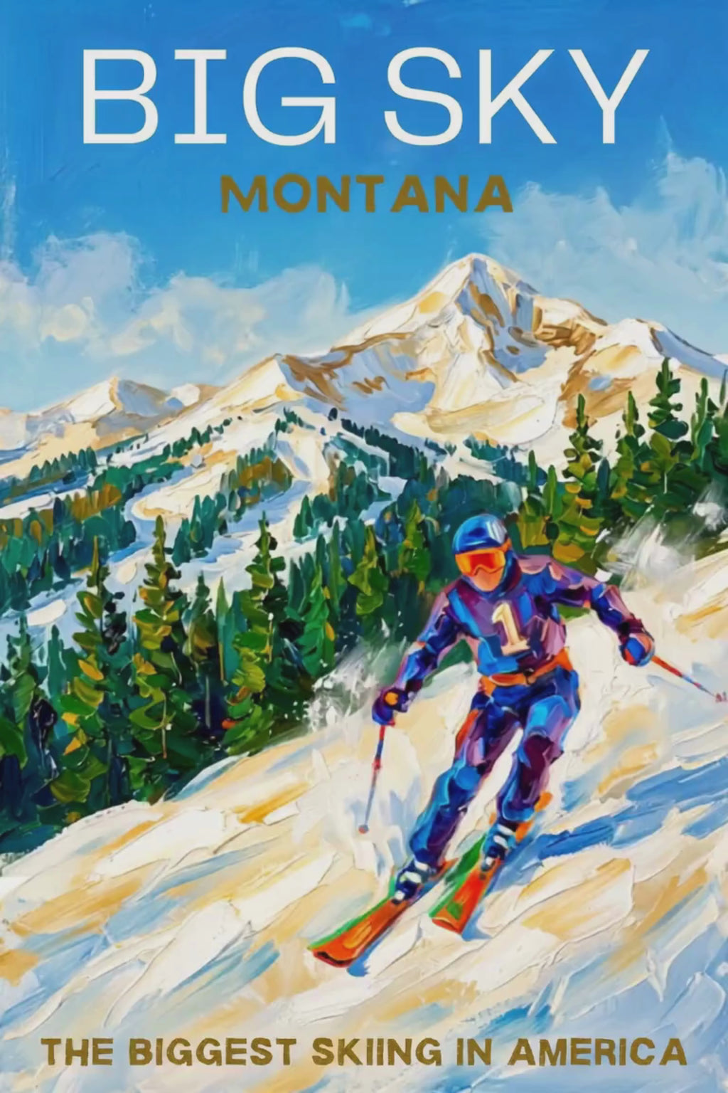 Big Sky Montana | Snow Print| The Biggest Skiing in America Travel Poster | Mountain Ski Resort| Giclée Print on Paper, Canvas, Wood, Metal