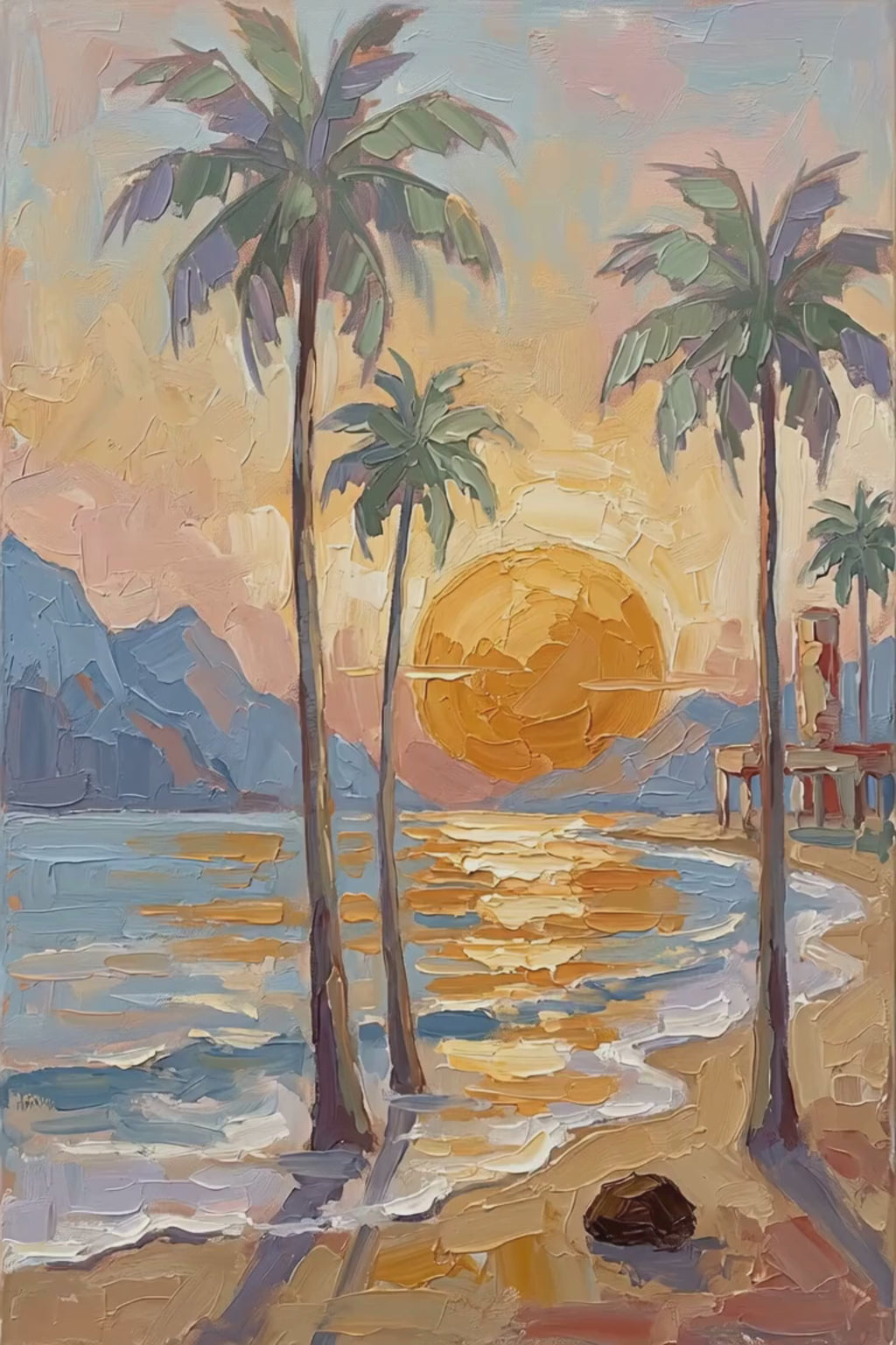 Tropical Sunset View | Impressionist Island Beach Wall Art | Coastal Palm Tree Painting | Giclée Print on Paper, Canvas, Wood & Metal
