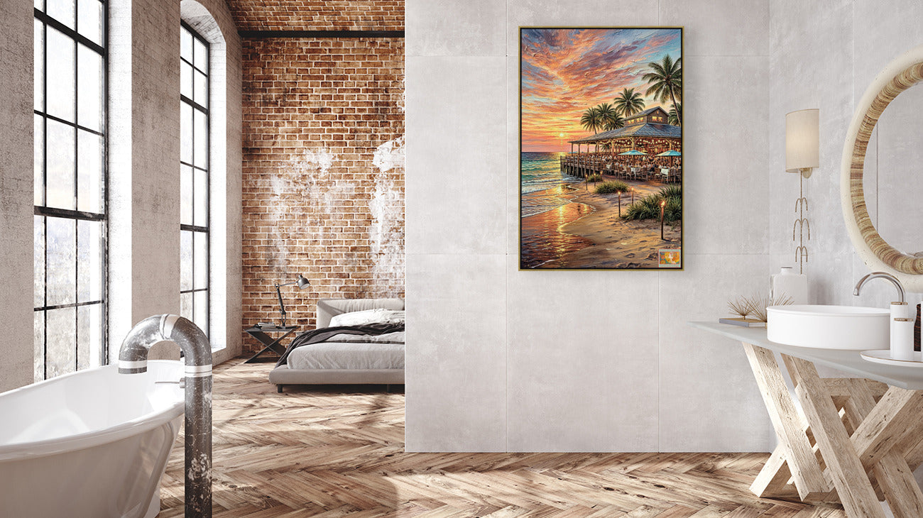 Beachside Dining At Sunset| Coastal Print| Vacation Art| Ocean Beach Print| Travel Poster| Giclee Paper- Wood- Metal- Canvas