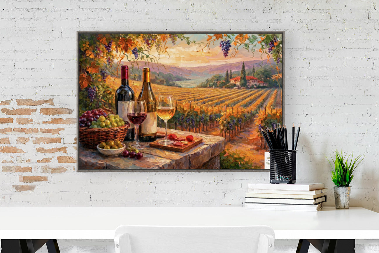 Golden Harvest Vineyard Terrace | Wine Country Sunset Landscape | Impressionist Vineyard Wall Art | Canvas Print | Giclée Paper | Wood & Metal Panels