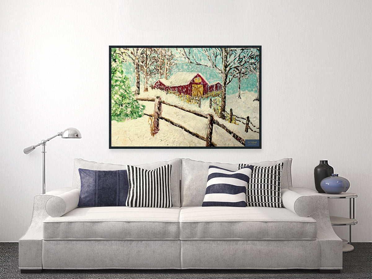 Snowy Christmas Morning| Merry Christmas Art| Vintage Look Farm Barn| Giclee Paper- Wood- Metal- Canvas