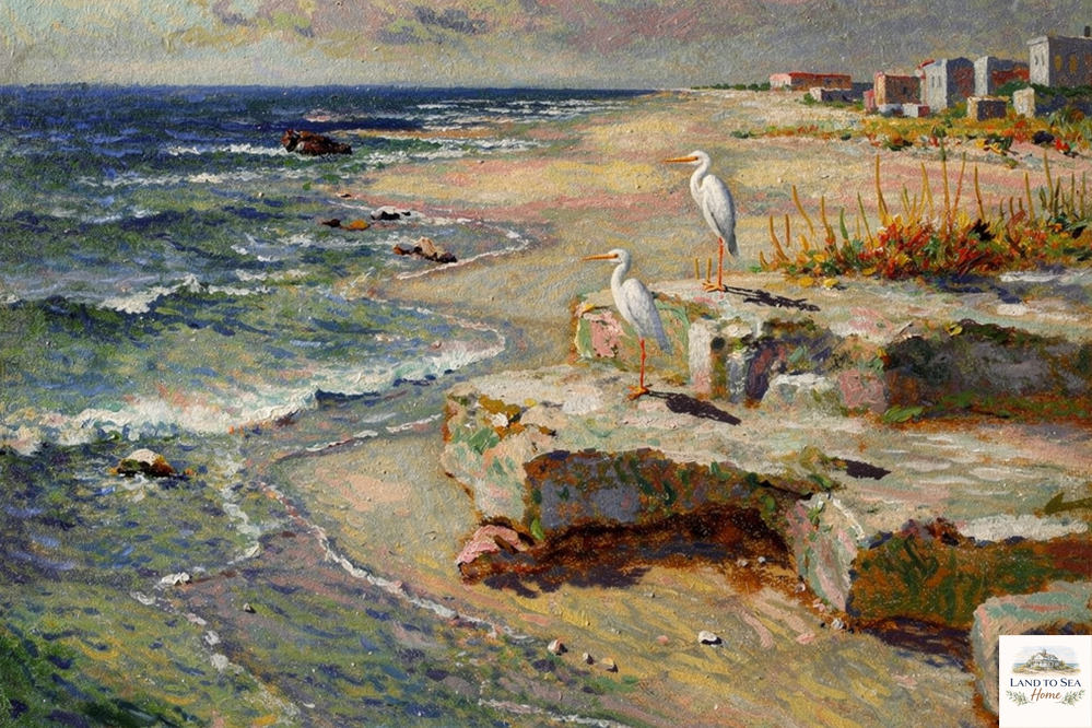 Coastal Herons – Impressionist Beach Painting, Shorebirds at the Surf, Coastal Wall Art, Giclée on Canvas, Wood, Metal & Fine Art Paper
