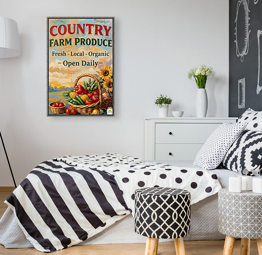 Country Farm Produce Sign | Fresh Local Organic Farm Market Wall Art | Rustic Farmhouse Kitchen Decor | Canvas, Wood, Metal &amp; Giclée Print