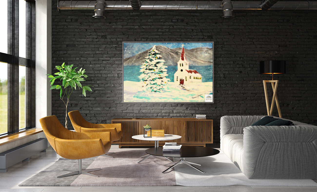 Church In the Rockies| Christmas Tree in Snow art| Giclee Paper- Wood- Metal- Canvas