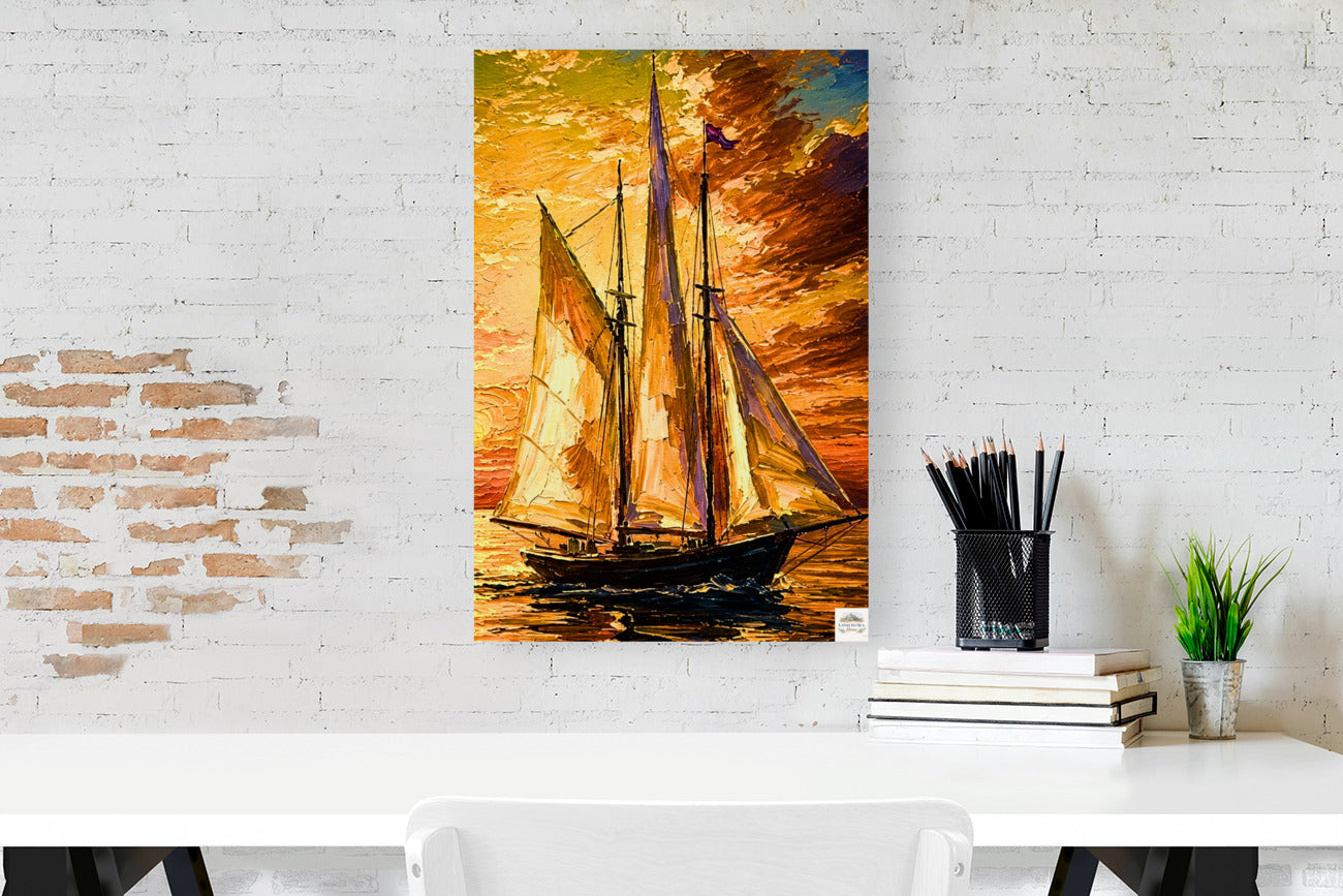 Golden Evening Voyage | Impressionist Sailboat Sunset Wall Art | Coastal Ocean Painting | Giclée Print on Paper, Canvas, Wood & Metal
