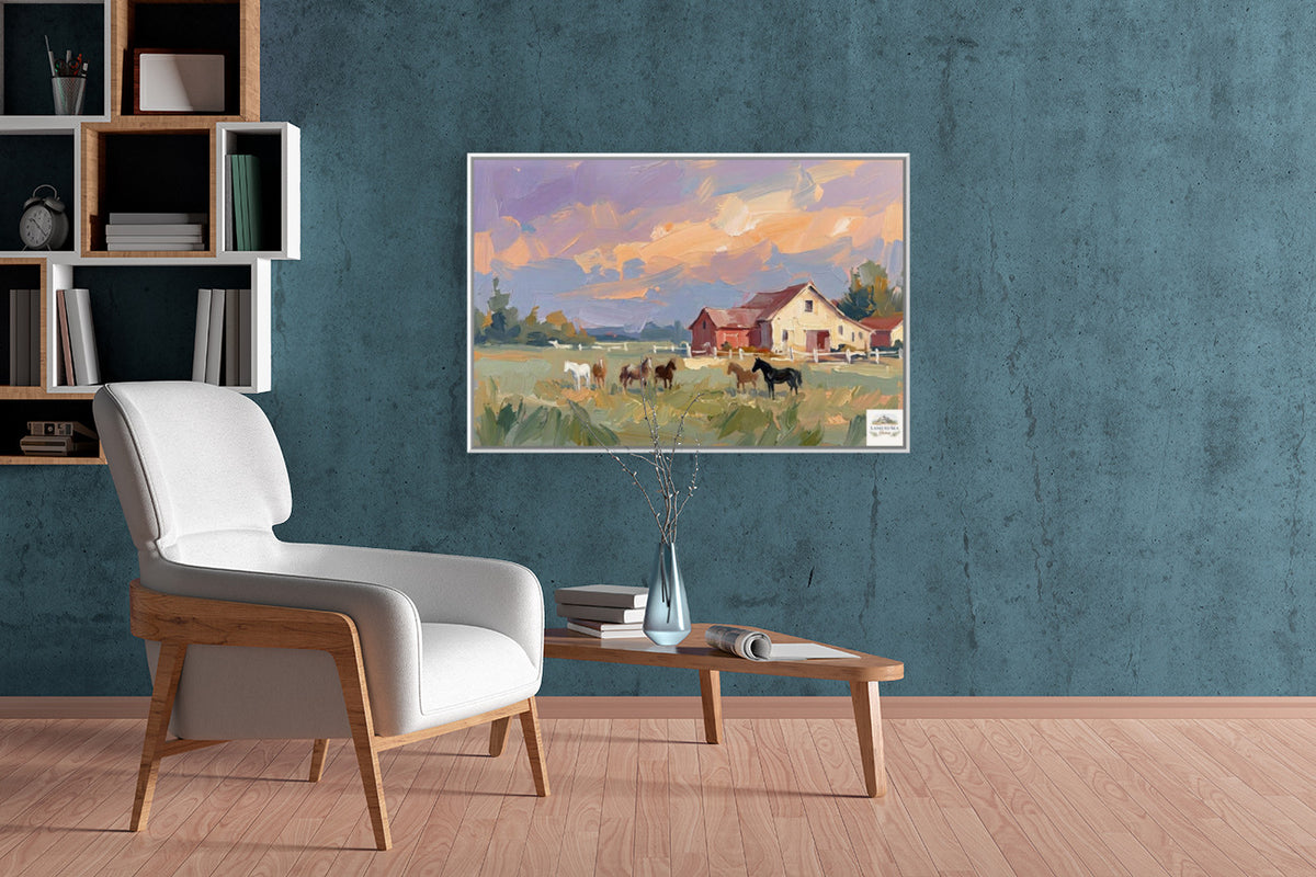 Spring Morning Stables |Pastel Impressionist Print| Horse Farm Print| Equestrian Wall Art| Giclée on Canvas, Wood, Metal, Fine Art Paper