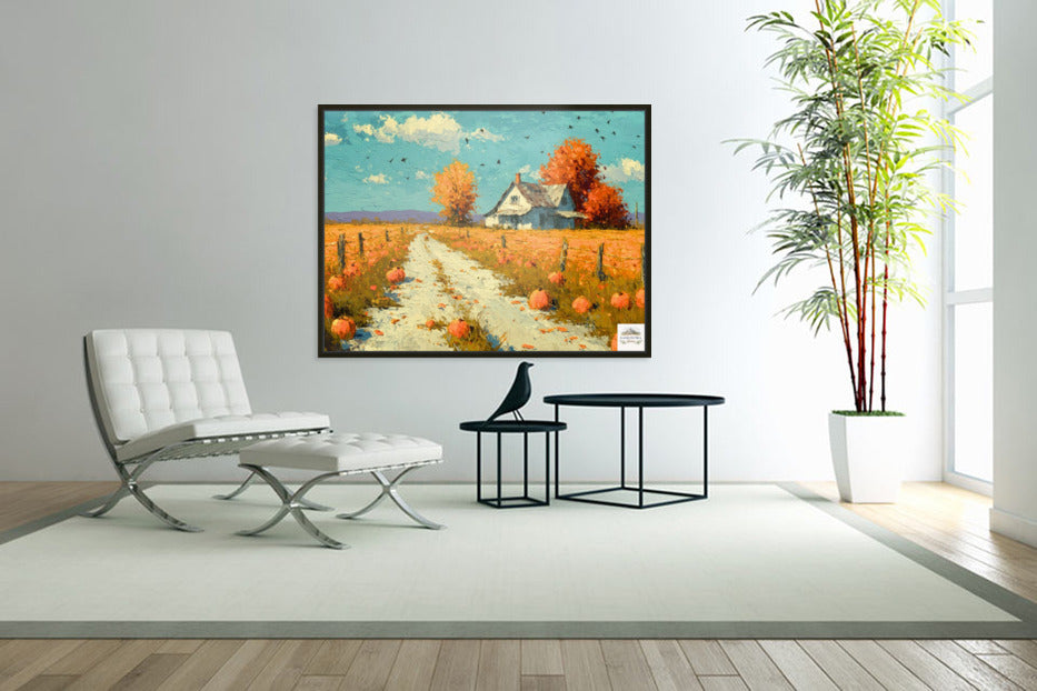 Autumn Farm Road | Fall Farmhouse Landscape Art | Pumpkin Patch Decor | Giclee Paper • Wood • Metal • Canvas