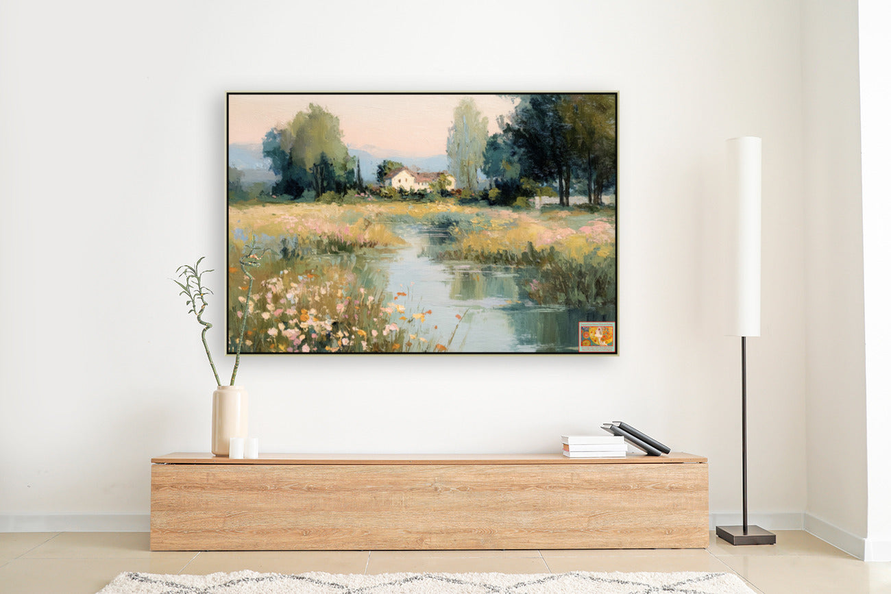 Gentle Waters Cottage |Impressionist Print| Stream and Wildflower Art| Cottage Garden Wall Art| Giclée on Canvas, Wood, Metal & Fine Art Paper