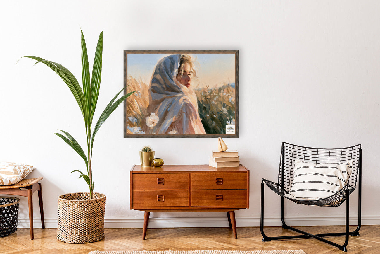 Lovely Woman | Vintage Farm Girl Art Print | Golden Wheat Field | Rustic Country Wall Art | Giclee Paper Canvas Wood & Metal
