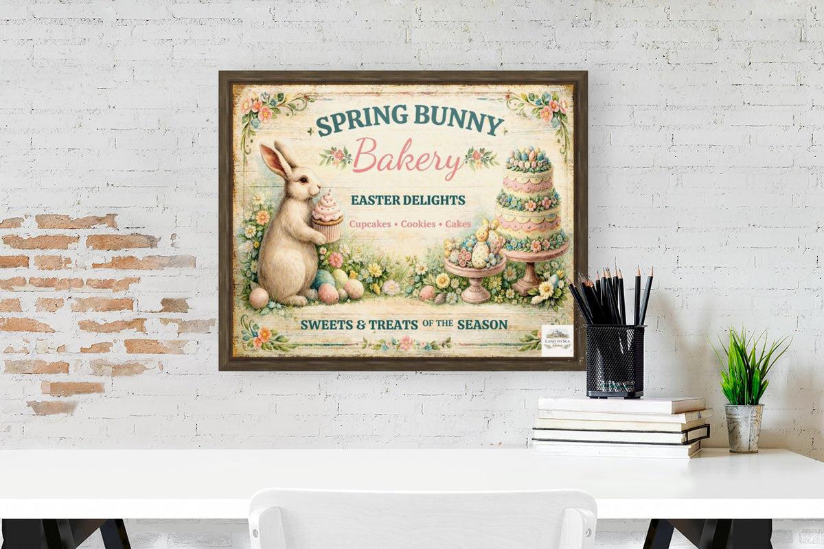 Spring Bunny Bakery Sign With Treats| Prints, Canvas, Wood, or Metal Art