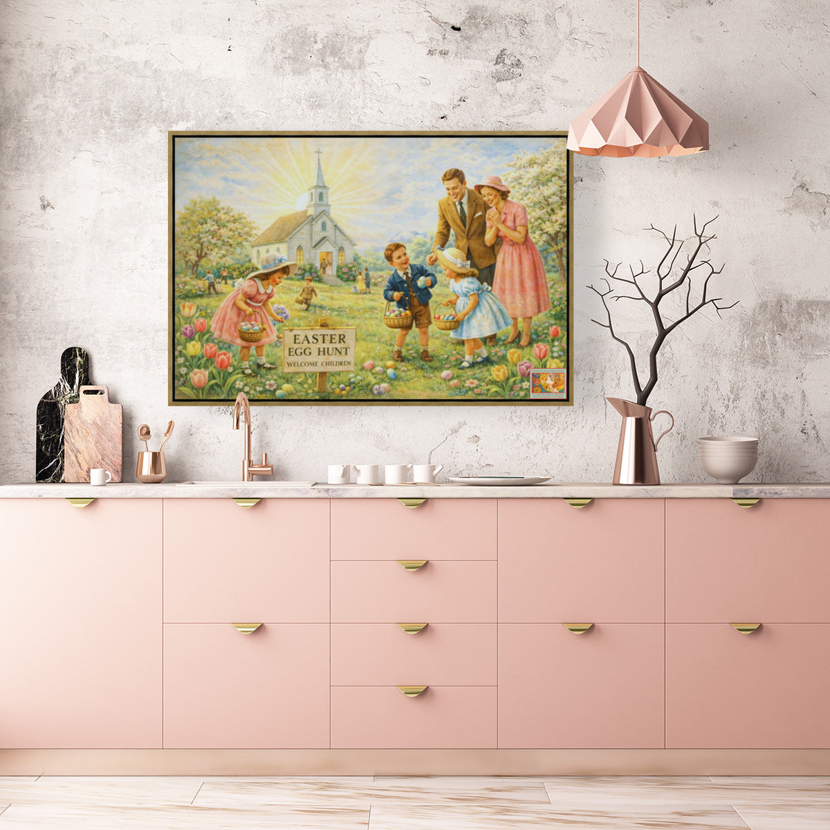Easter Egg Hunt At the Country Church | Giclee Paper, Prints, Canvas, Wood, or Metal Art