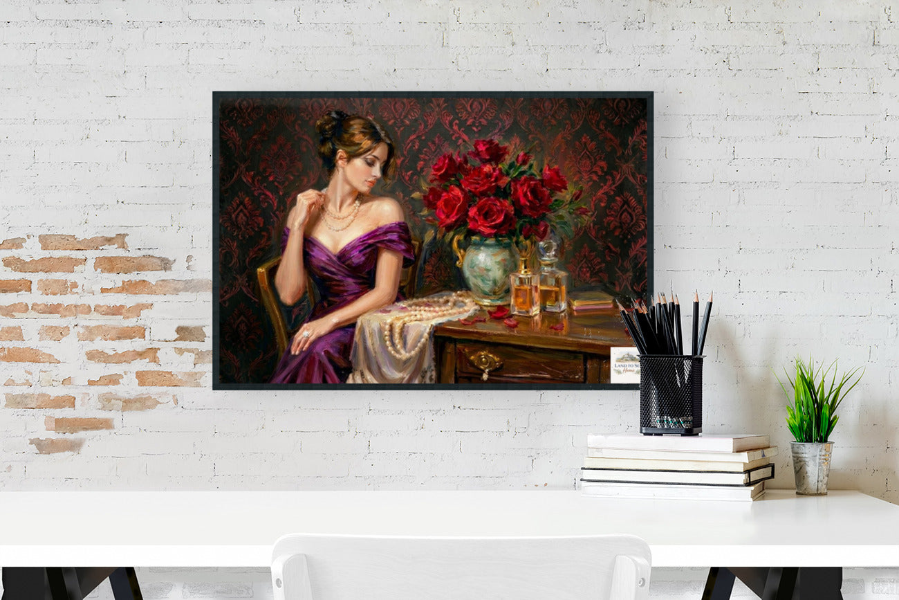 Lady of the Crimson Roses | Elegant Woman Portrait | Vintage Victorian Wall Art | Romantic Floral Giclée Print | Elegant Woman with Roses | Vintage Portrait Wall Art | Romantic Victorian Decor | Giclée Print on Paper, Canvas, Wood & Metal