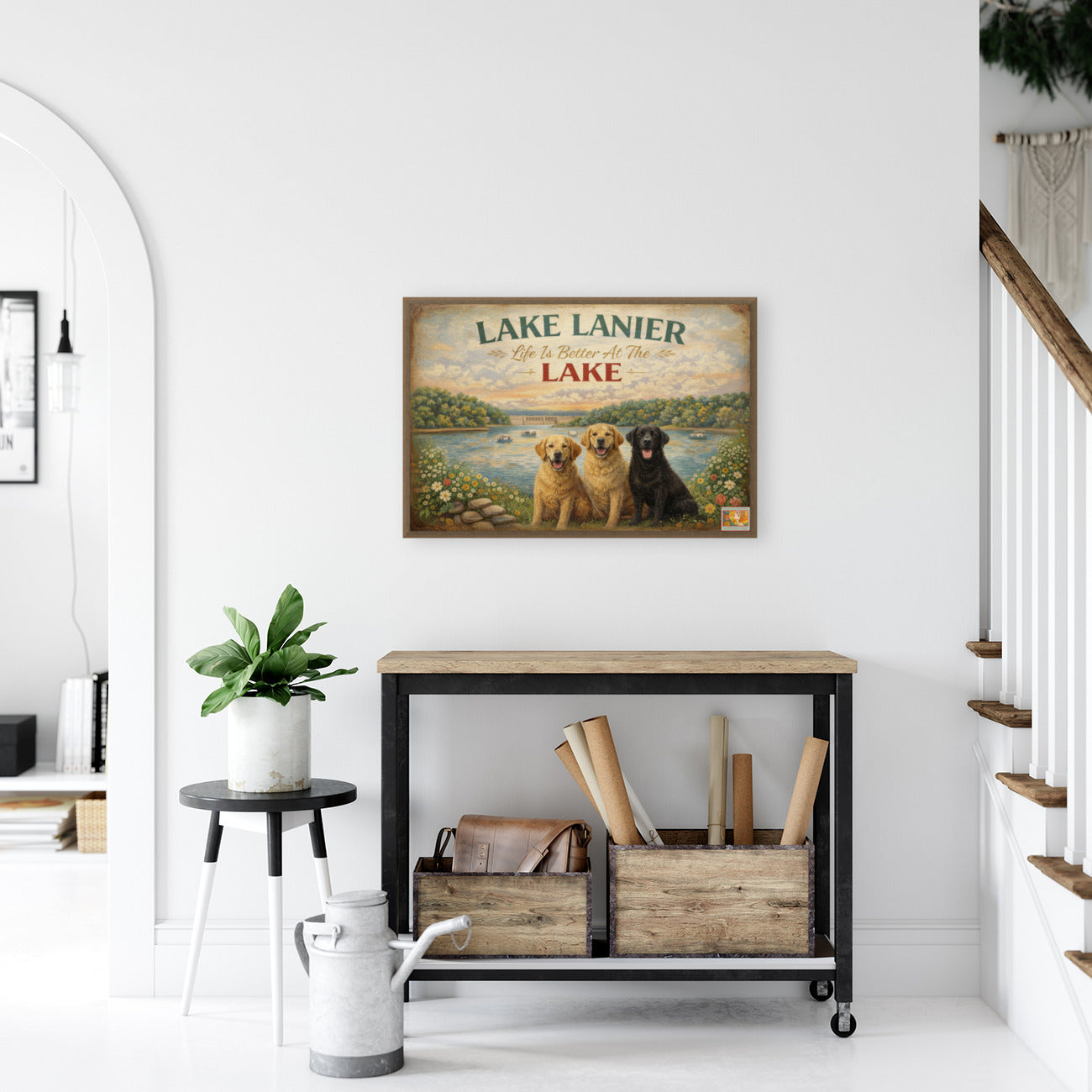 Lake Lanier Sunset with Happy Pups| Buford Dam| Chattahoochee Rivers Art| Giclee Paper- Wood Sign- Metal Sign- Canvas
