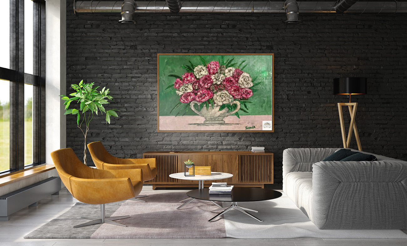 Garden's Best Arrangement | Original Teresa Johnson Floral Painting | Pink & White Roses in Vintage Pitcher | Giclée Paper • Wood • Metal • Canvas