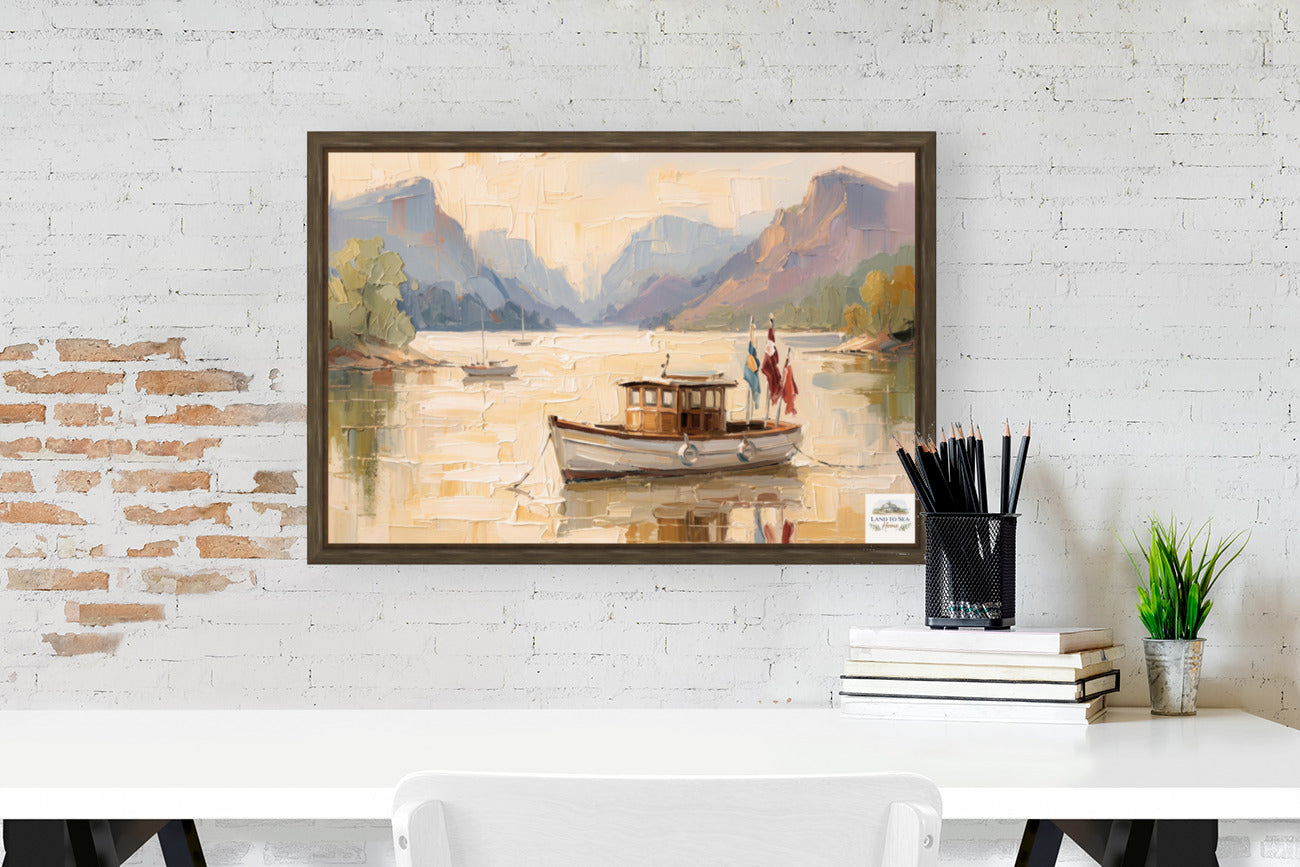 Silent Morning | Mountain Lake Boat Art Print | Impressionist Landscape | Coastal Cabin Decor | Giclée on Paper, Canvas, Wood & Metal