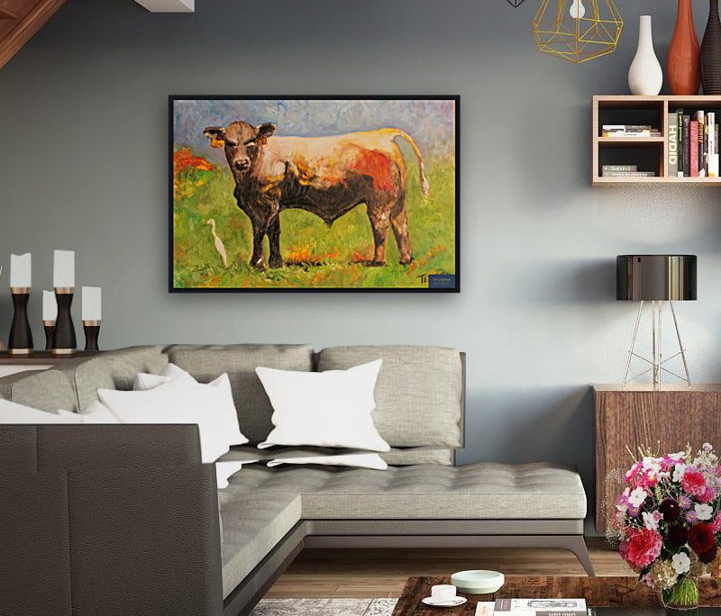 White Egret and the Bull|Cattle Farm| Animal Art| Giclee Paper- Wood- Metal- Canvas