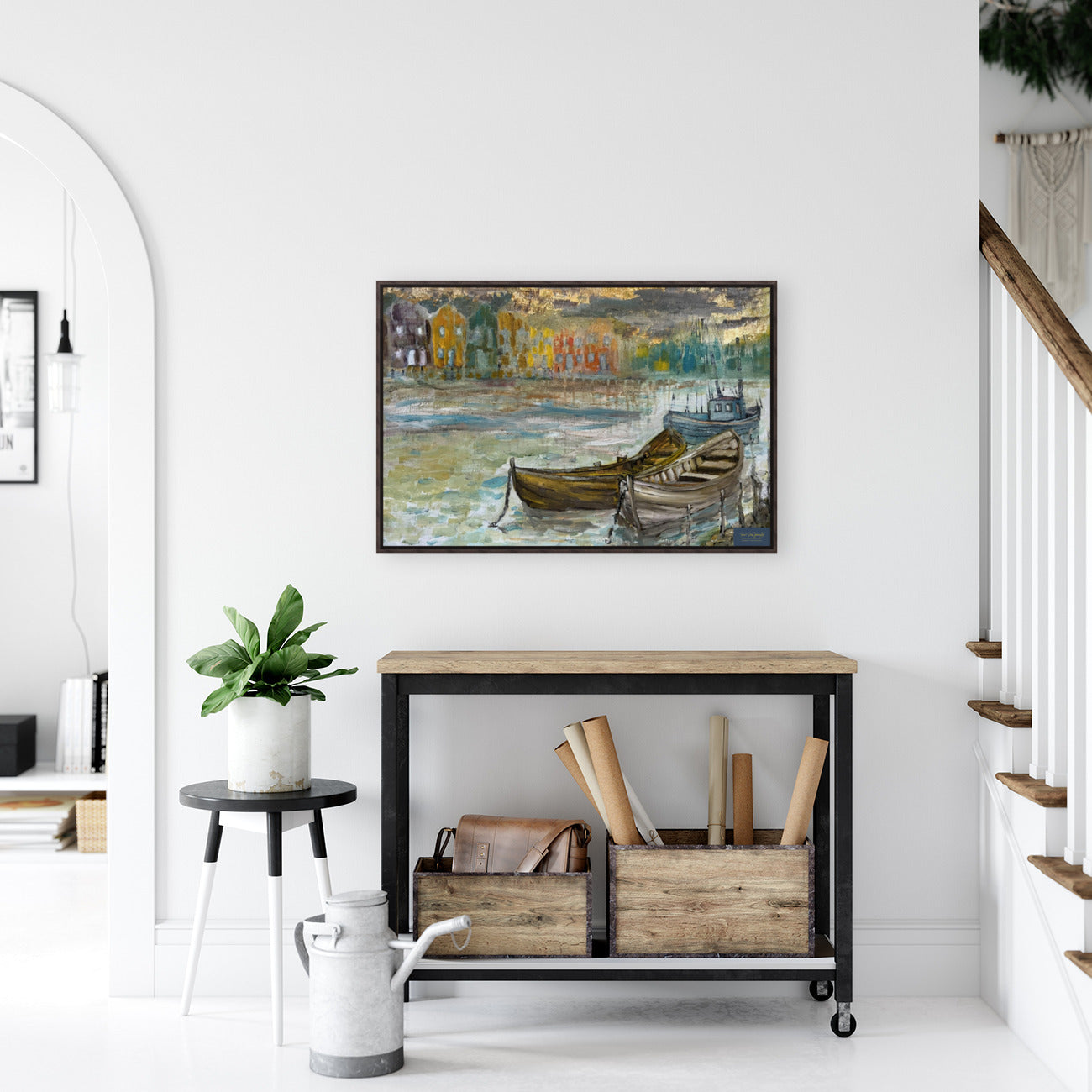 Rainy Harbor | Original Teresa Johnson Coastal Harbor Painting | Fishing Boats & Waterfront Village | Giclée Paper • Wood • Metal • Canvas