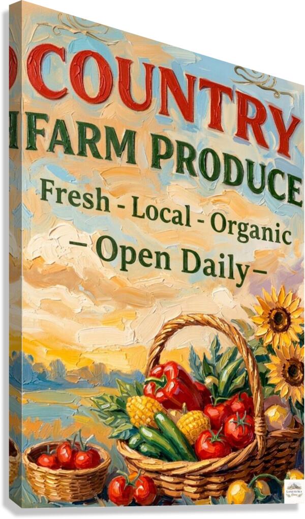 Country Farm Produce Sign | Fresh Local Organic Farm Market Wall Art | Rustic Farmhouse Kitchen Decor | Canvas, Wood, Metal &amp; Giclée Print