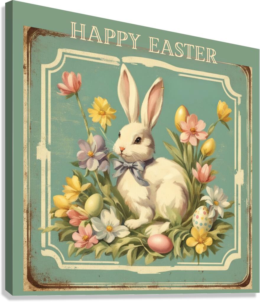 Happy Easter Bunny Art| Vintage Style Midcentury Flower Design| Giclee Paper- Wood- Metal- Canvas