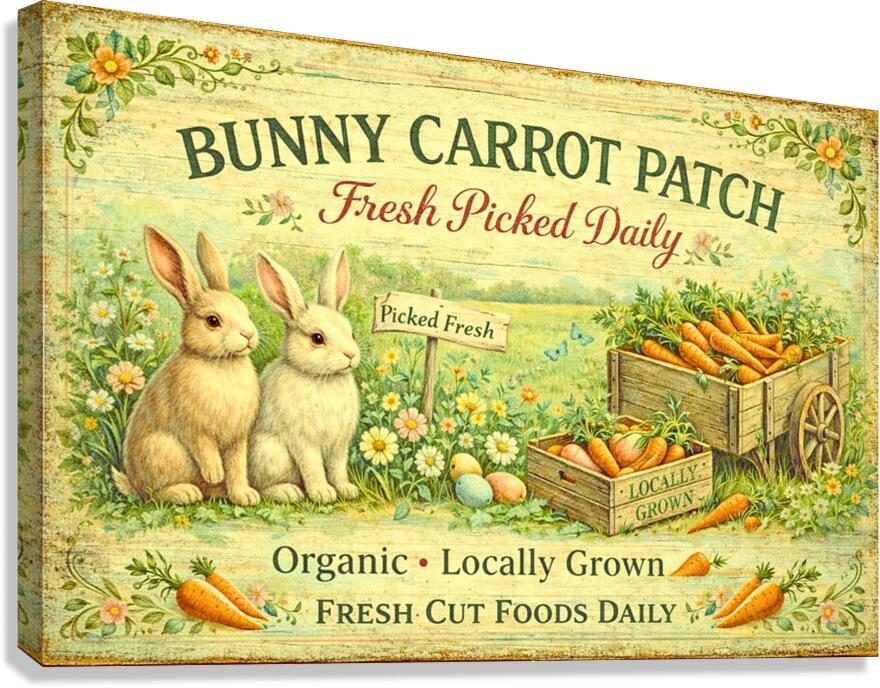 Bunny Carrot Patch Art| Giclee Paper,  Prints, Canvas, Wood, or Metal Art