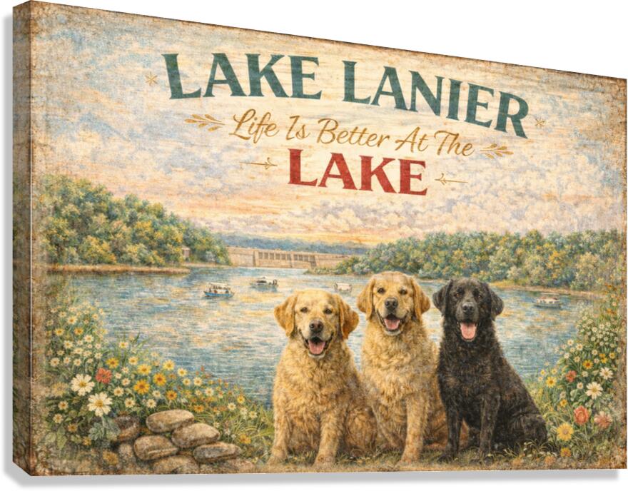Lake Lanier Sunset with Happy Pups| Buford Dam| Chattahoochee Rivers Art| Giclee Paper- Wood Sign- Metal Sign- Canvas