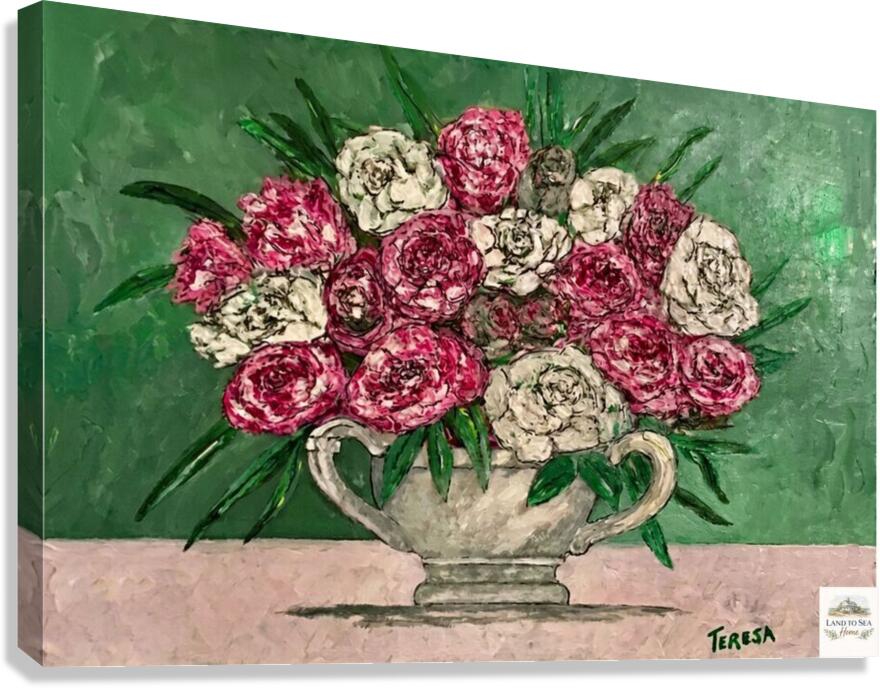 Garden's Best Arrangement | Original Teresa Johnson Floral Painting | Pink & White Roses in Vintage Pitcher | Giclée Paper • Wood • Metal • Canvas