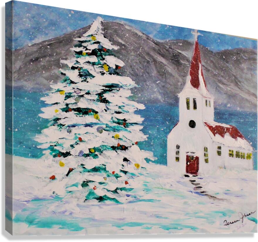 Church In the Rockies| Christmas Tree in Snow art| Giclee Paper- Wood- Metal- Canvas