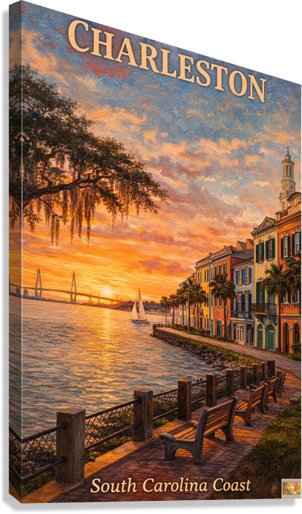 Charleston Sunset And Coastal Charm| US East Coast Art | Travel Poster|Prints Giclee Paper Giclee Canvas Birch Wood And Metal Panels