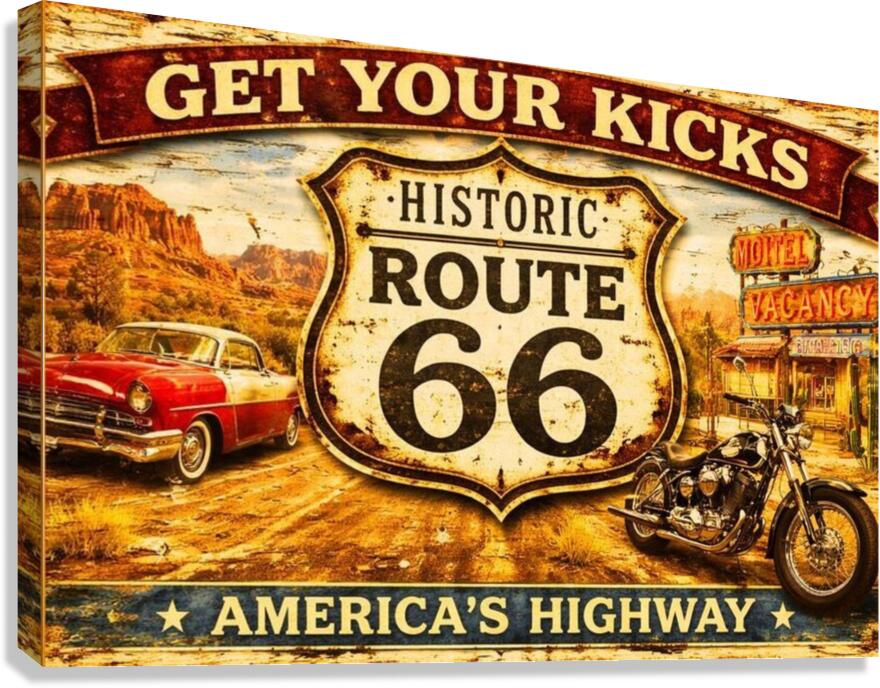Historical Route 66 Vintage Sign| Prints, Canvas, Wood, or Metal Art