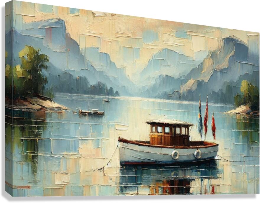 Silent Morning | Mountain Lake Boat Art Print | Impressionist Landscape | Coastal Cabin Decor | Giclée on Paper, Canvas, Wood & Metal