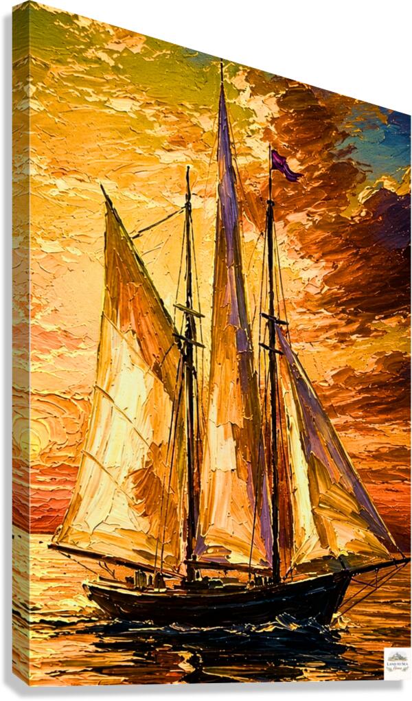 Golden Evening Voyage | Impressionist Sailboat Sunset Wall Art | Coastal Ocean Painting | Giclée Print on Paper, Canvas, Wood & Metal
