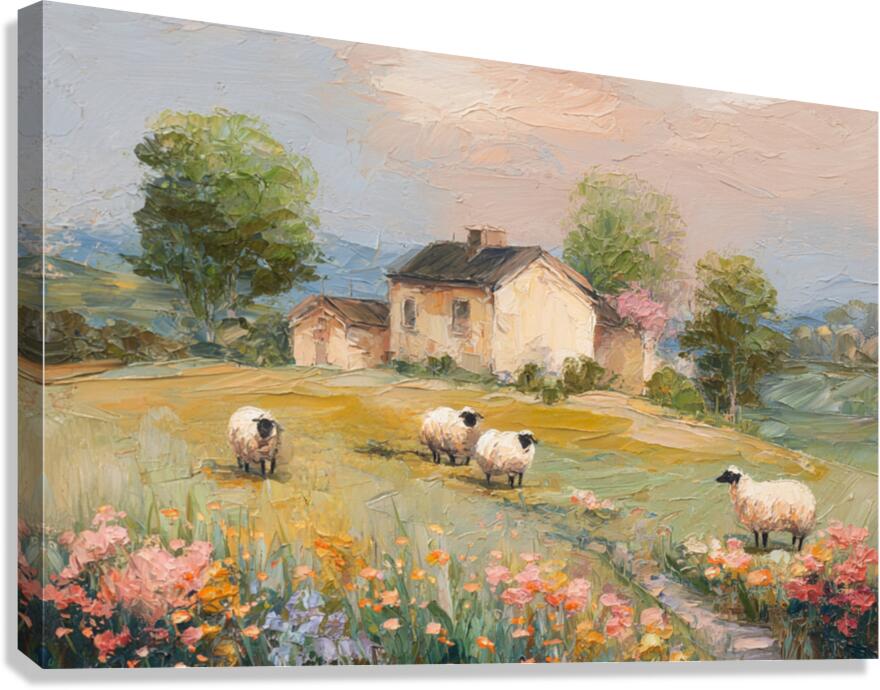 Cotswolds Sheep Farm |Impressionist Print|English Countryside Art| Sheep & Wildflowers Wall Art| Giclée on Canvas, Wood, Metal & Fine Art Paper