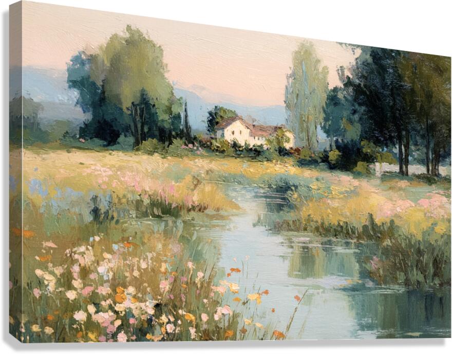 Gentle Waters Cottage |Impressionist Print| Stream and Wildflower Art| Cottage Garden Wall Art| Giclée on Canvas, Wood, Metal & Fine Art Paper