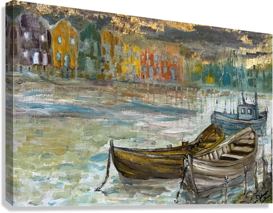 Rainy Harbor | Original Teresa Johnson Coastal Harbor Painting | Fishing Boats & Waterfront Village | Giclée Paper • Wood • Metal • Canvas