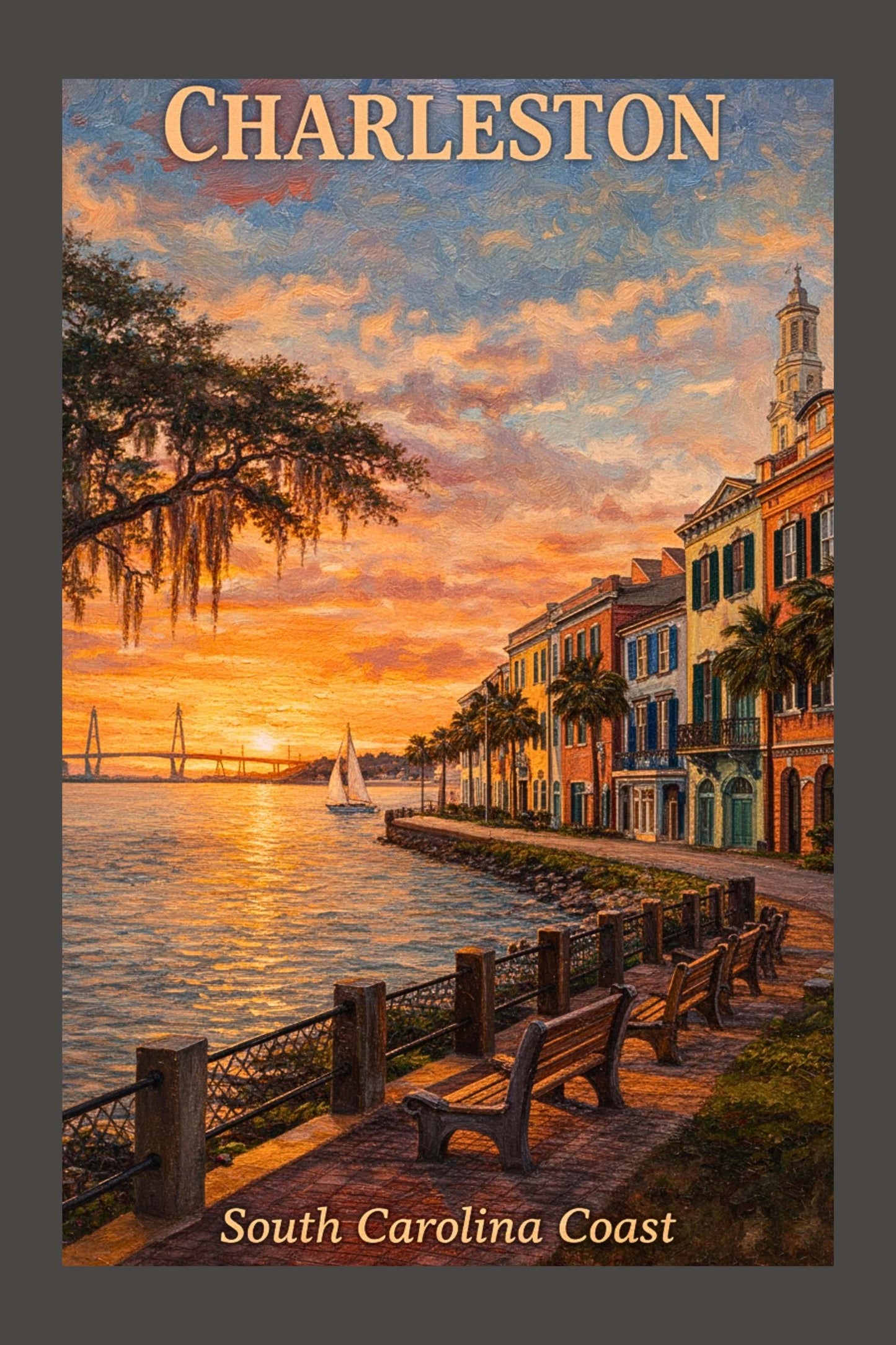 Charleston Sunset And Coastal Charm| US East Coast Art | Travel Poster|Prints Giclee Paper Giclee Canvas Birch Wood And Metal Panels