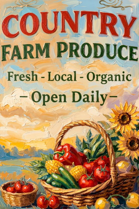 Country Farm Produce Sign | Fresh Local Organic Farm Market Wall Art | Rustic Farmhouse Kitchen Decor | Canvas, Wood, Metal &amp; Giclée Print