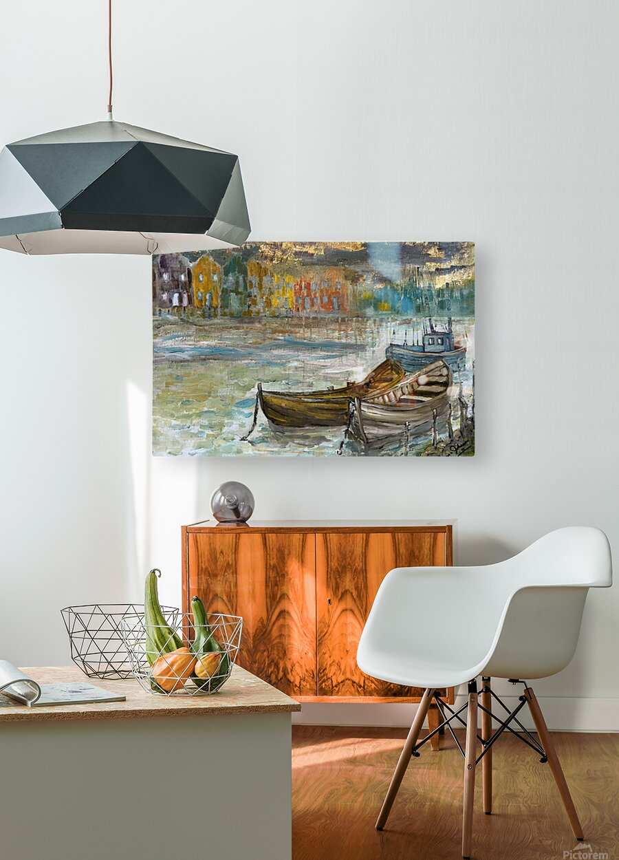 Rainy Harbor | Original Teresa Johnson Coastal Harbor Painting | Fishing Boats & Waterfront Village | Giclée Paper • Wood • Metal • Canvas