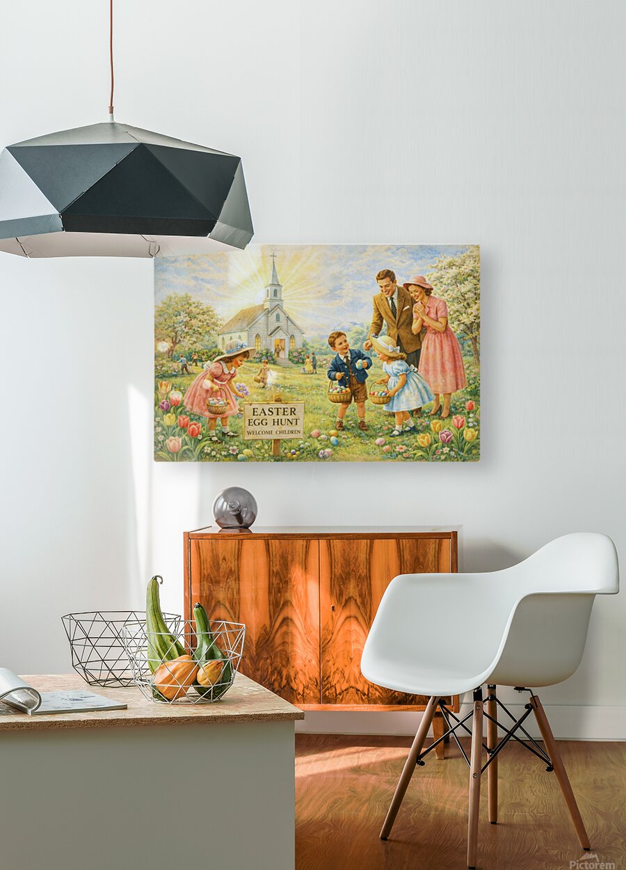 Easter Egg Hunt At the Country Church | Giclee Paper, Prints, Canvas, Wood, or Metal Art