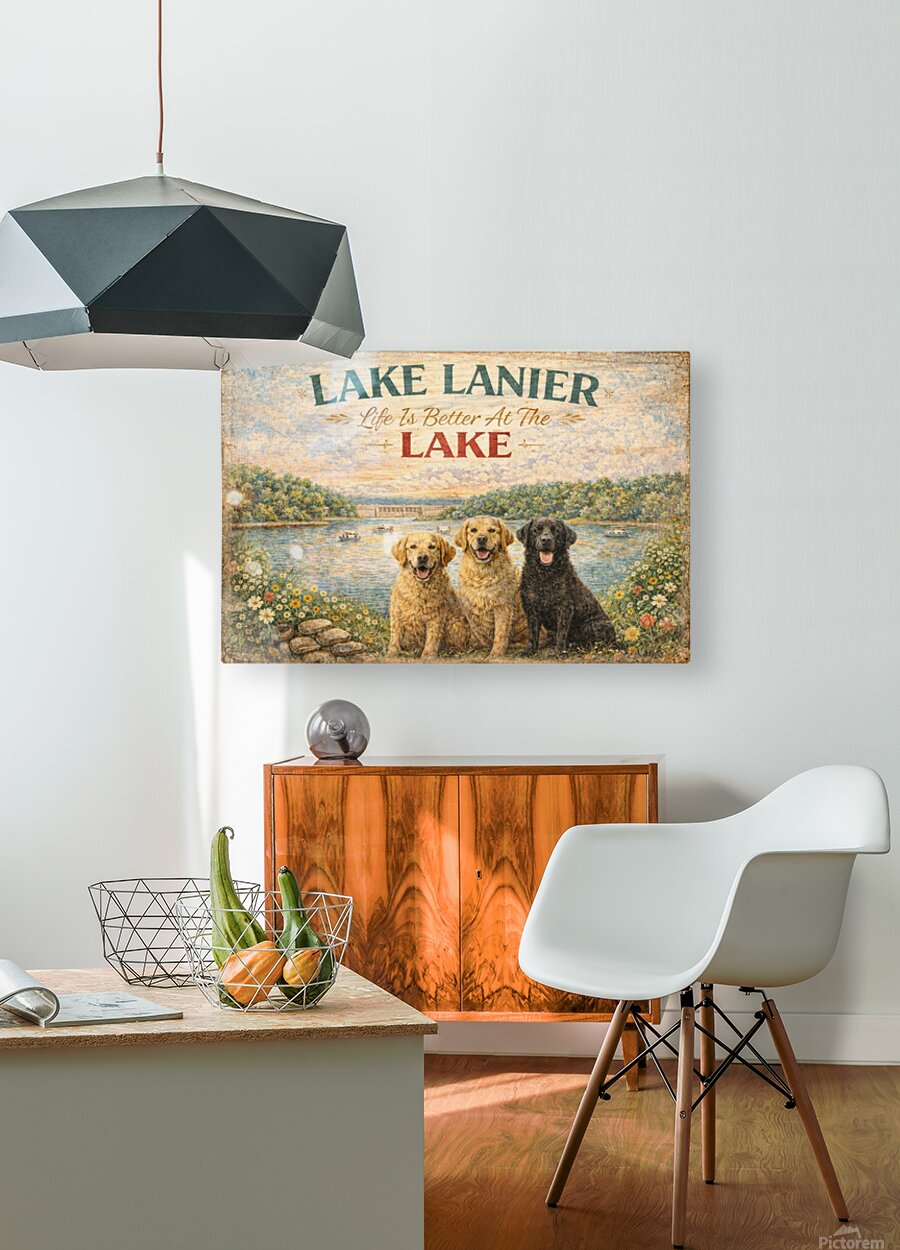 Lake Lanier Sunset with Happy Pups| Buford Dam| Chattahoochee Rivers Art| Giclee Paper- Wood Sign- Metal Sign- Canvas