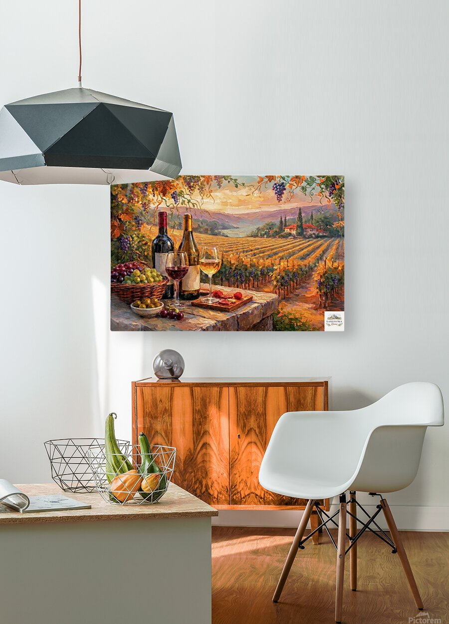 Golden Harvest Vineyard Terrace | Wine Country Sunset Landscape | Impressionist Vineyard Wall Art | Canvas Print | Giclée Paper | Wood & Metal Panels