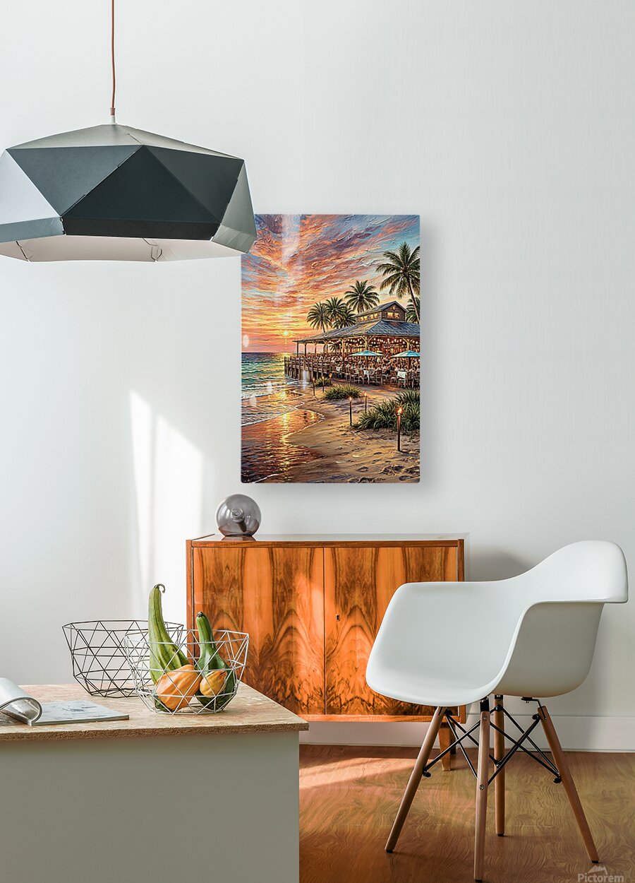 Beachside Dining At Sunset| Coastal Print| Vacation Art| Ocean Beach Print| Travel Poster| Giclee Paper- Wood- Metal- Canvas
