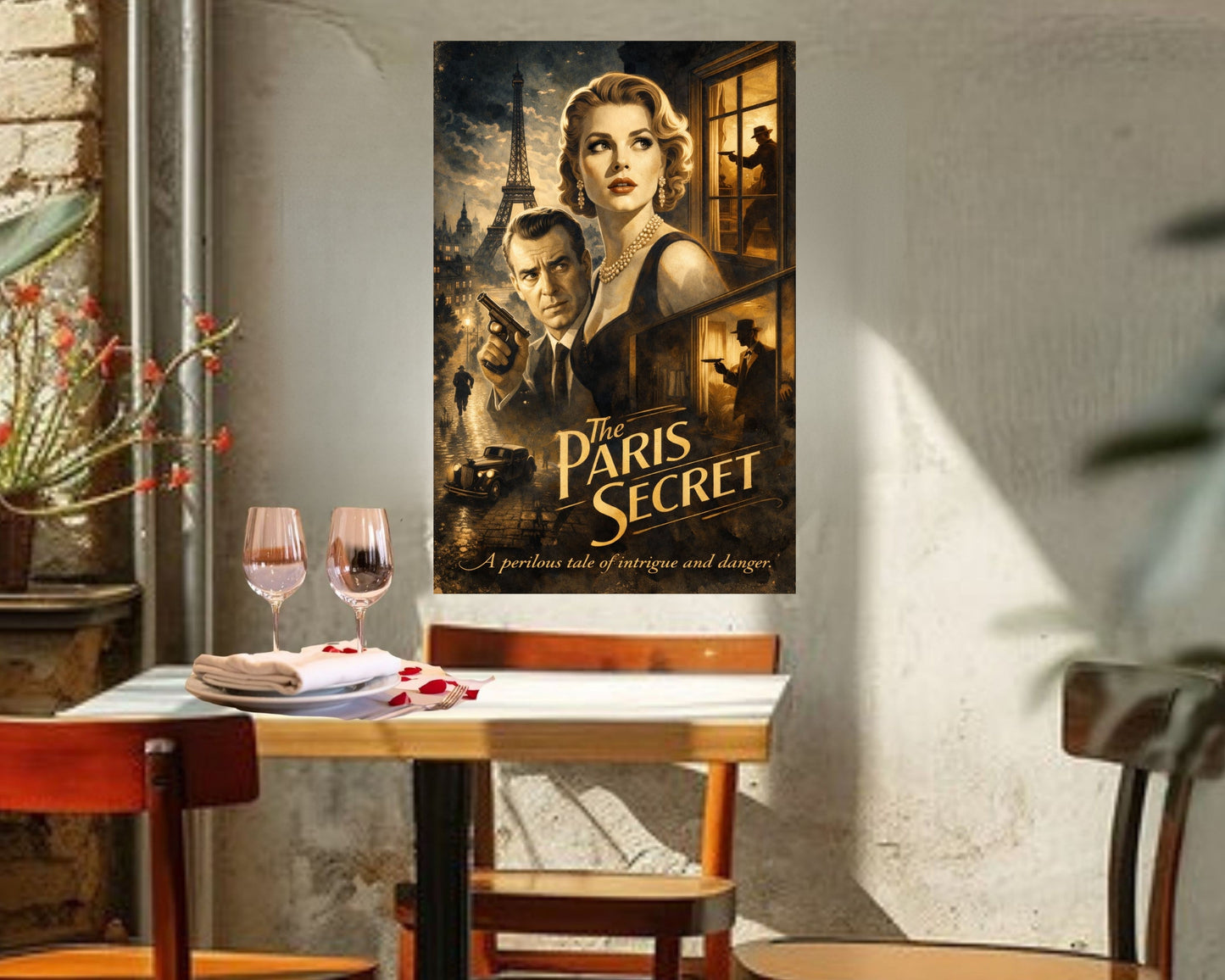 The Paris Secret Intrigue in the Night -Vintage Hollywood Art. Giclee Paper- Wood- Metal- Canvas