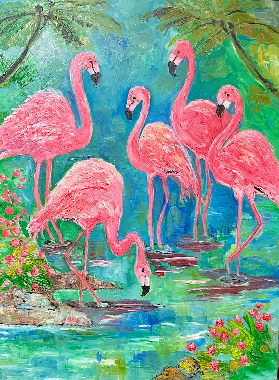 Pink Flamingo Paradise  40 x 60 inches | Original Oil Painting on Gallery-Wrapped Canvas
