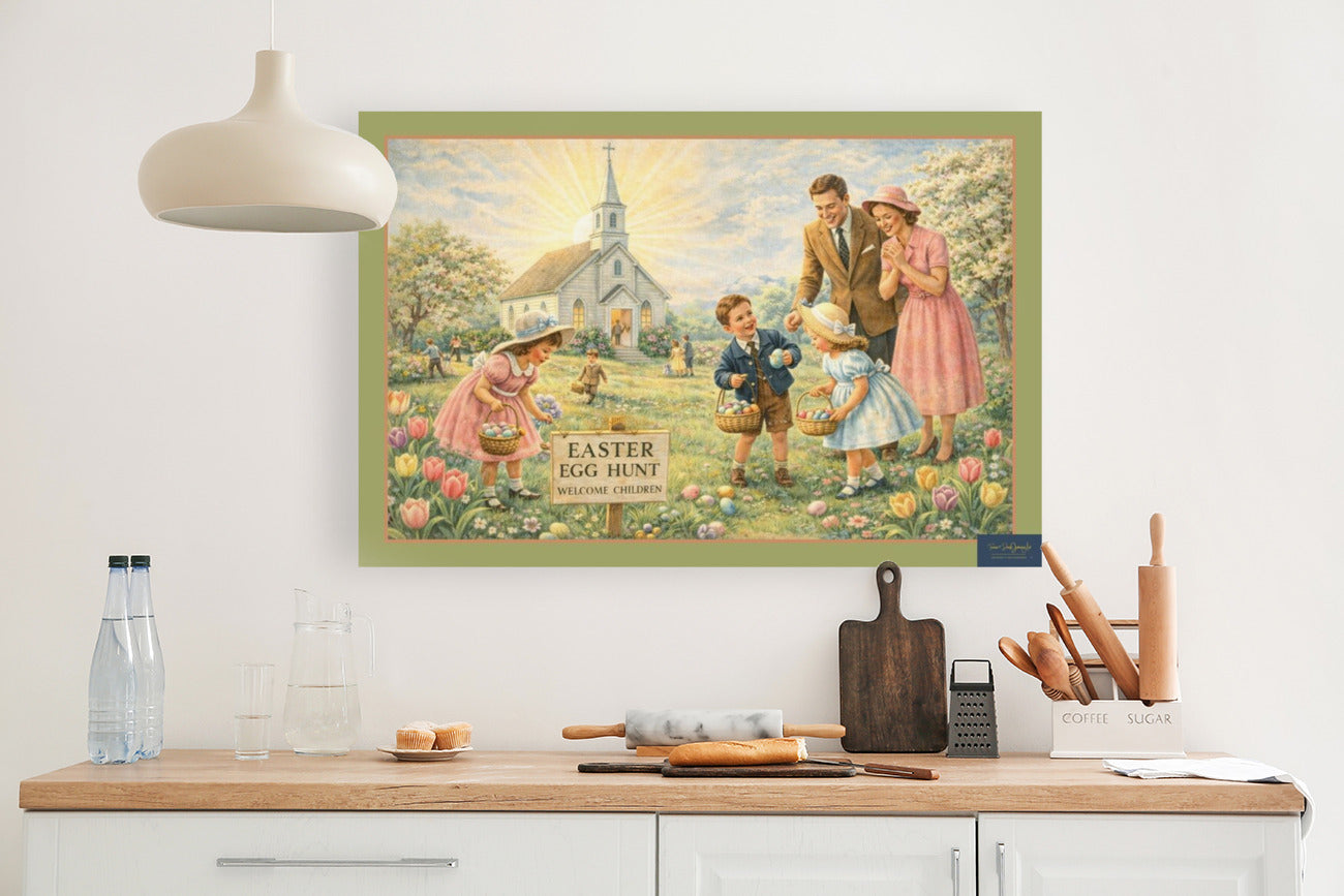 Easter Egg Hunt At The Country Church- Art Prints and Canvases