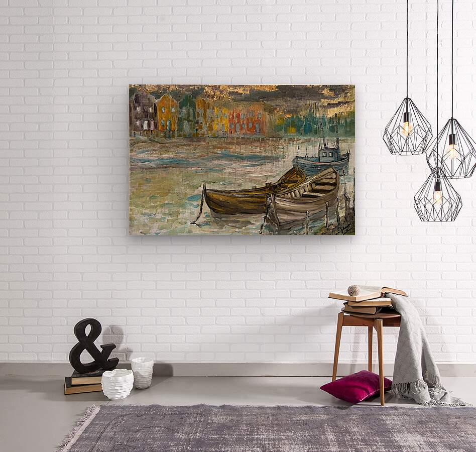 Rainy Harbor | Original Teresa Johnson Coastal Harbor Painting | Fishing Boats & Waterfront Village | Giclée Paper • Wood • Metal • Canvas