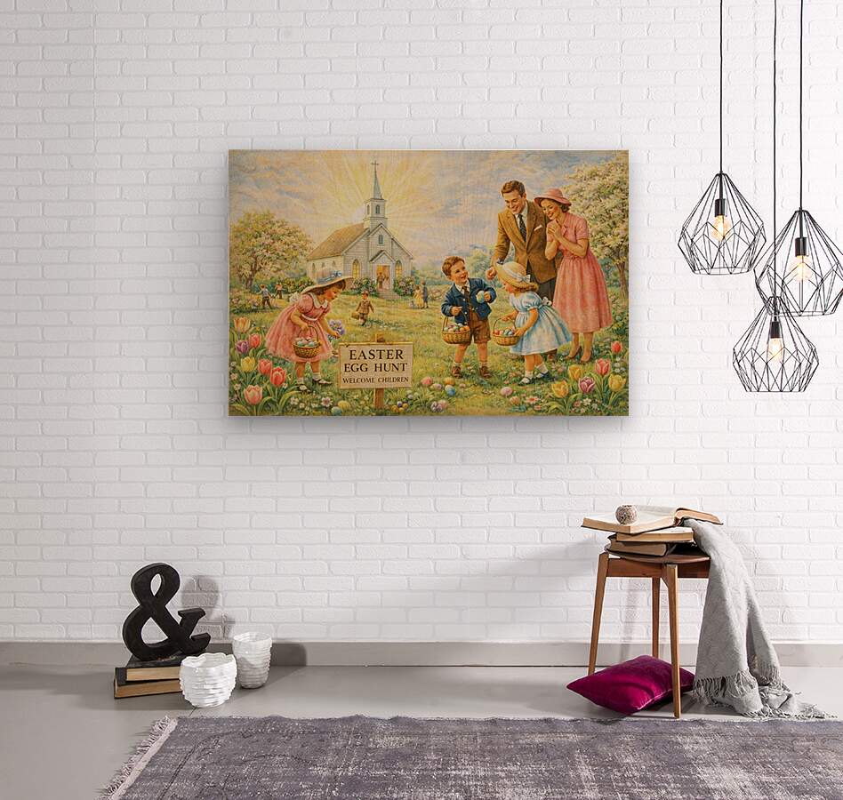 Easter Egg Hunt At the Country Church | Giclee Paper, Prints, Canvas, Wood, or Metal Art
