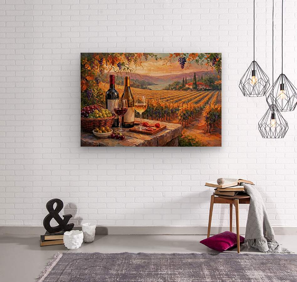 Golden Harvest Vineyard Terrace | Wine Country Sunset Landscape | Impressionist Vineyard Wall Art | Canvas Print | Giclée Paper | Wood & Metal Panels