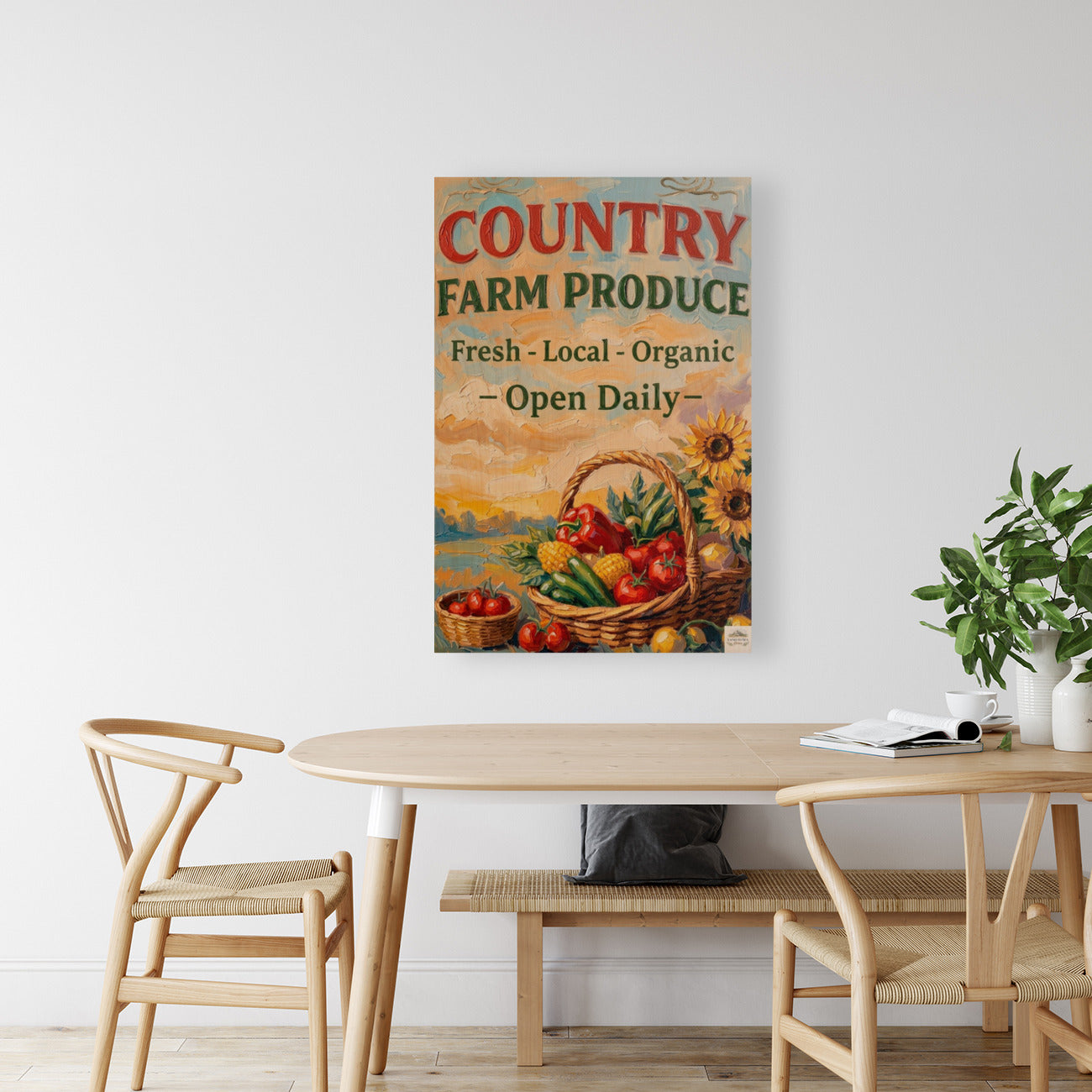 Country Farm Produce Sign | Fresh Local Organic Farm Market Wall Art | Rustic Farmhouse Kitchen Decor | Canvas, Wood, Metal &amp; Giclée Print